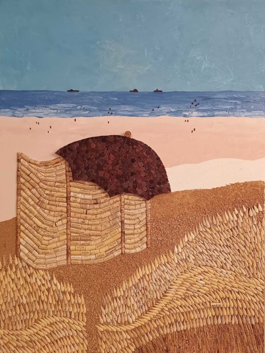 TB 71 Parasol et toile sur la plage (156×115 cm, bouchons et huile) – VENDU
